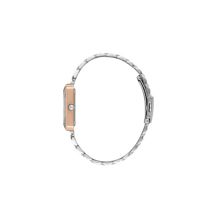 Side view of Daniel Klein rectangular watch with rose gold case and silver bracelet