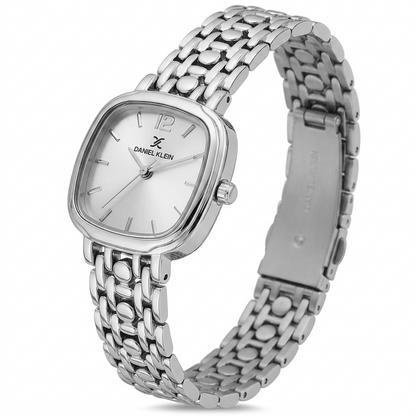 Angled view of Daniel Klein silver watch showing square case and metal bracelet