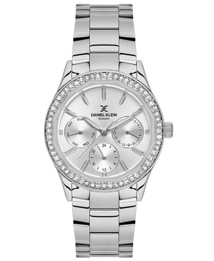 Daniel Klein DK.1.13879-1 silver multifunction watch with crystal bezel and three subdials