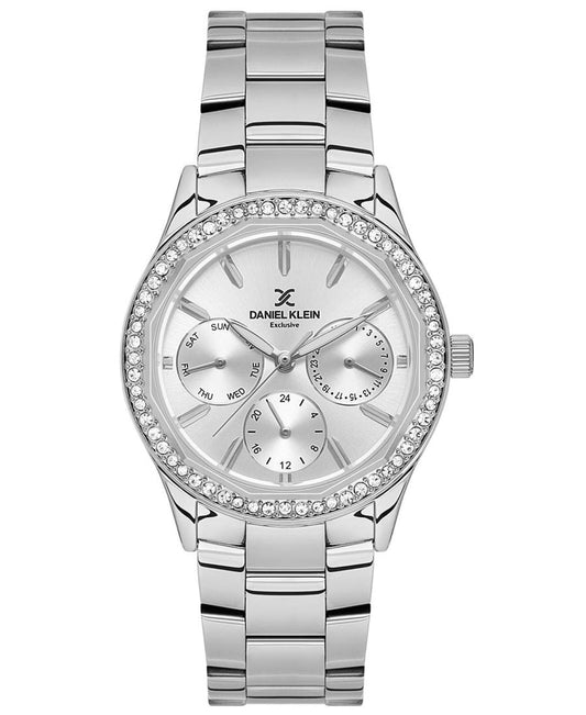 Daniel Klein DK.1.13879-1 silver multifunction watch with crystal bezel and three subdials