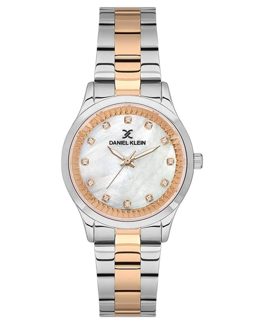 Daniel Klein Premium white mother-of-pearl dial two-tone watch with rose gold and silver stainless steel bracelet