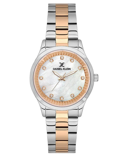 Daniel Klein Premium white mother-of-pearl dial two-tone watch with rose gold and silver stainless steel bracelet