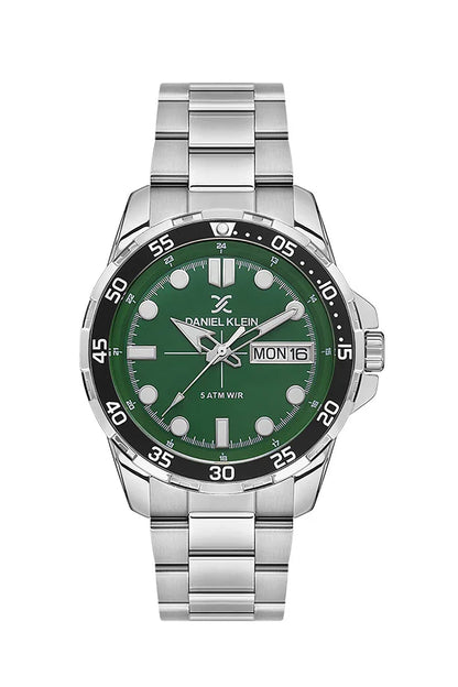 Daniel Klein DK.1.13884-2 premium watch front view with green dial and silver steel bracelet
