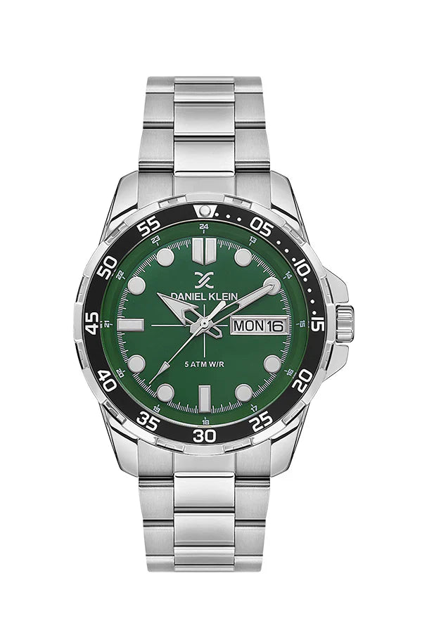 Daniel Klein DK.1.13884-2 premium watch front view with green dial and silver steel bracelet