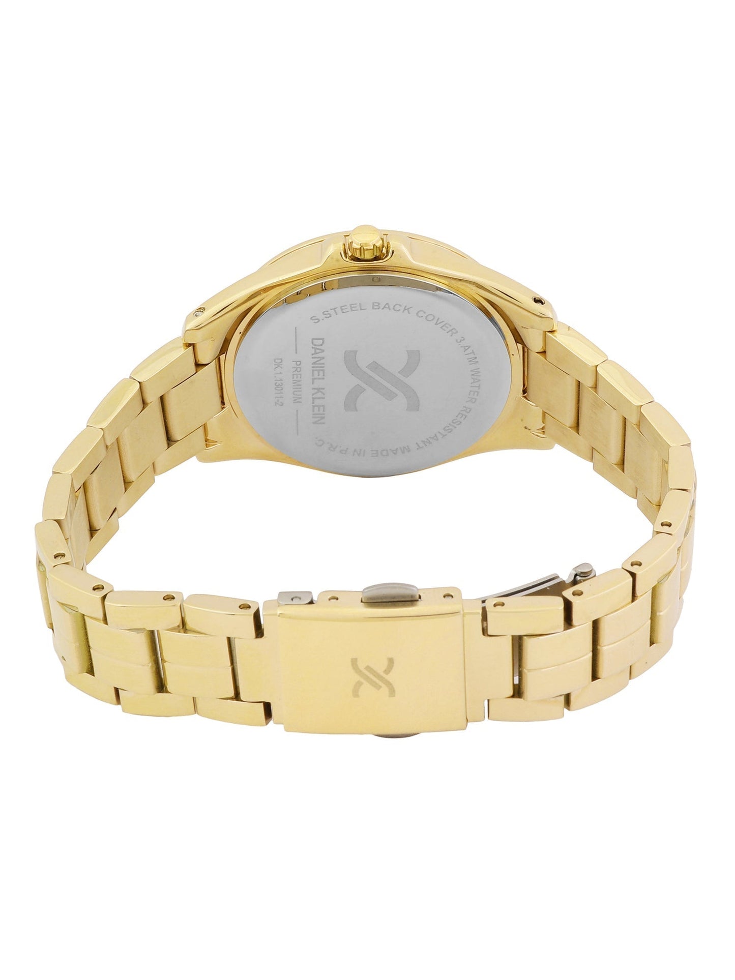 Daniel Klein Elite gold watch back view showing caseback and engravings