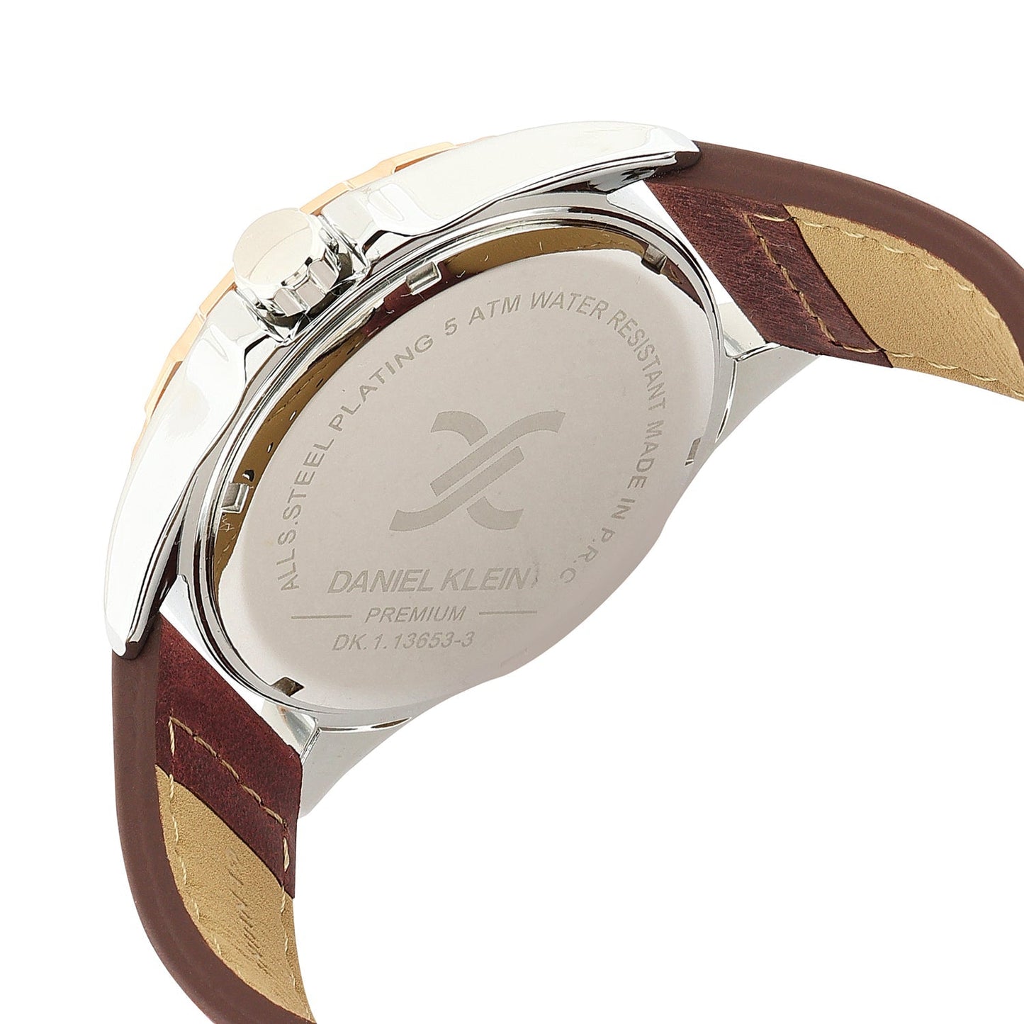 Daniel Klein Premium Date Window Grey Dial Brown Genuine Leather Strap Two Tone Watch - DK.1.13653-3