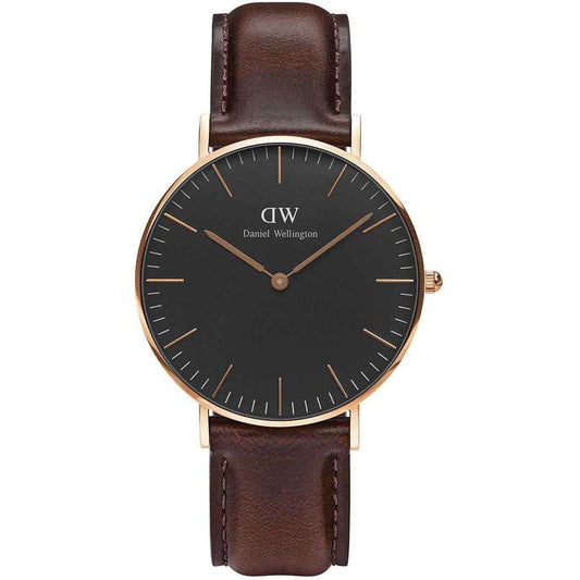 Daniel Wellington Bristol 36mm gold watch with black dial and brown leather strap