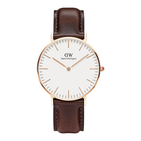 Daniel Wellington Classic Bristol 36mm watch with white dial and gold case on dark brown leather strap