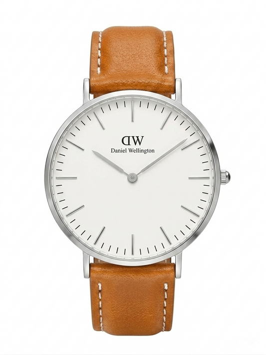 Daniel Wellington Classic Durham 36mm women's watch with silver case, white dial, and tan leather strap