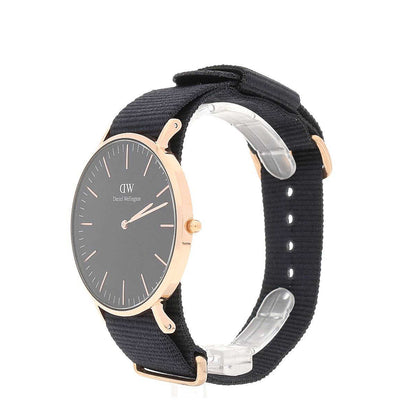 Side view of Daniel Wellington Cornwall 40mm watch with black strap and rose gold case