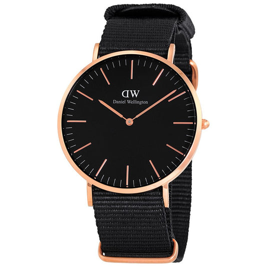 Daniel Wellington Cornwall 40mm watch with rose gold case, black dial, and black fabric strap
