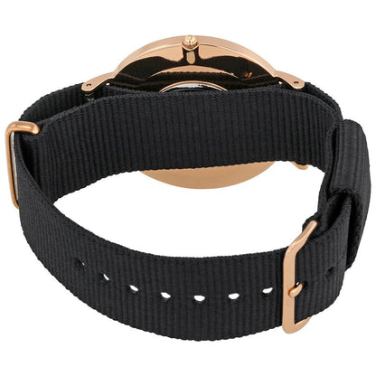 Black fabric strap of Daniel Wellington Cornwall watch with rose gold hardware and adjustment holes