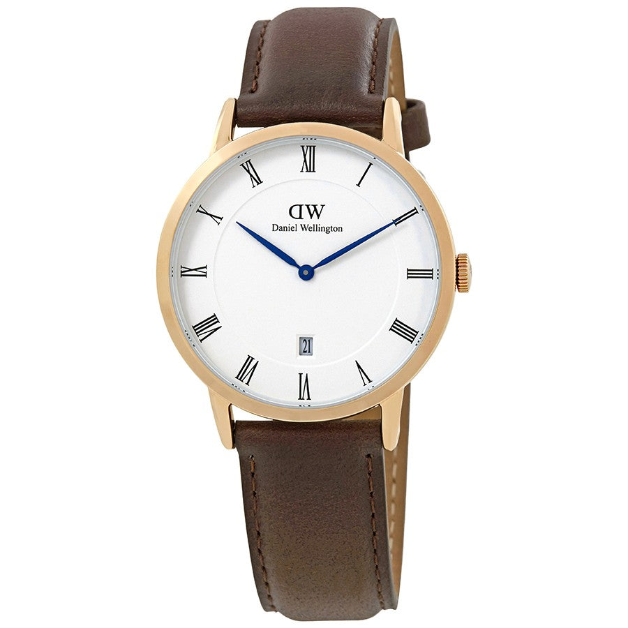 Daniel Wellington Dapper 38mm White Dial Brown Genuine Leather Gold Date Watch - DW00100086