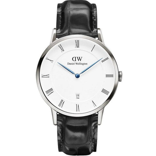 Daniel Wellington Dapper Reading 38mm silver watch with white dial and black leather strap