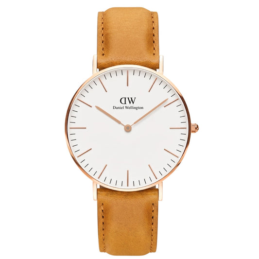 Daniel Wellington Durham 36mm watch with rose gold case, white dial, and brown leather strap