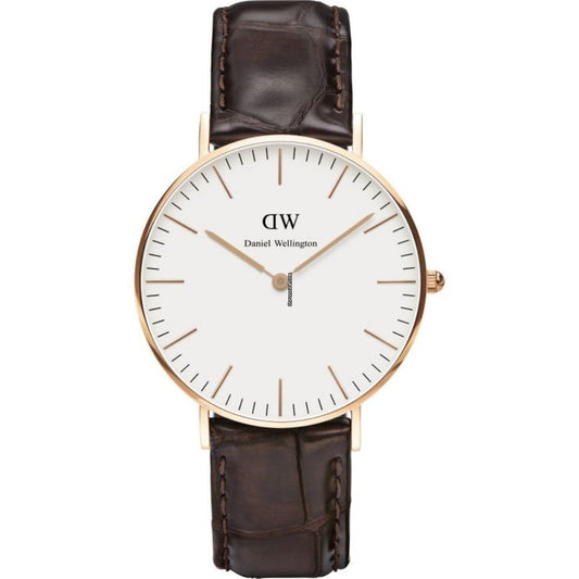 Daniel Wellington Classic York 36mm white dial watch with rose gold case and dark brown leather strap