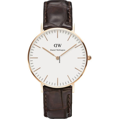 Daniel Wellington Classic York 36mm white dial watch with rose gold case and dark brown leather strap