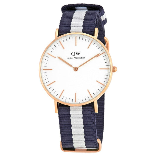 Daniel Wellington Glasgow 36mm watch with white dial, rose gold case, and navy-white striped fabric strap