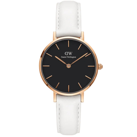 Daniel Wellington Petite 32mm Black Rose Gold Dial White Leather Strap DW00100283