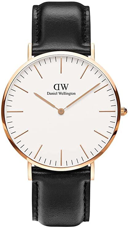 Daniel Wellington Reading 36mm White Dial Black Genuine Leather Gold Watch - DW00100041