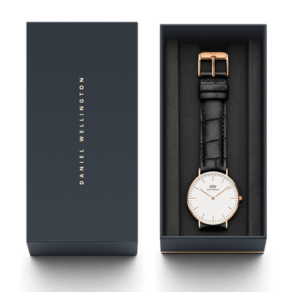 Daniel Wellington Shifeled 36mm White Dial Black Genuine Leather Gold Watch - DW00100041