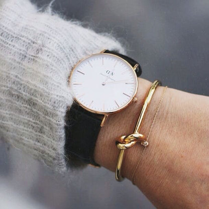 Daniel Wellington Sheffield 32mm White Dial Black Genuine Leather Women's Gold Watch - DW00100174