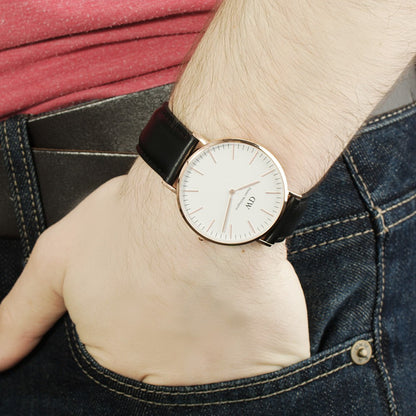 Daniel Wellington Sheffield 40mm White Dial Black Genuine Leather Men's Gold Watch - DW00100007