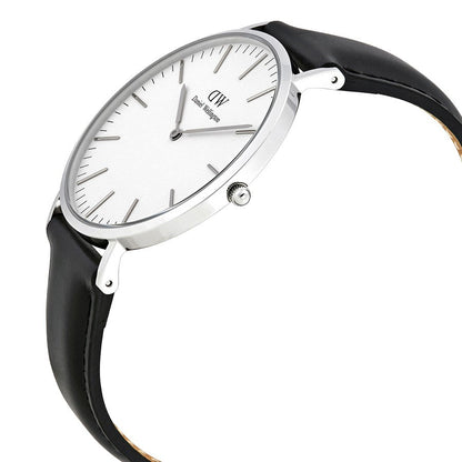 Daniel Wellington Sheffield 40mm silver watch angled view showing white dial and black leather strap