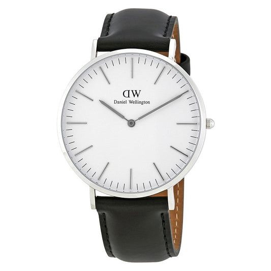 Daniel Wellington Sheffield 40mm silver watch with white dial and black leather strap, front view