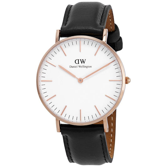 Daniel Wellington Sheffield 36mm White Dial Black Genuine Leather Gold Watch - DW00100036