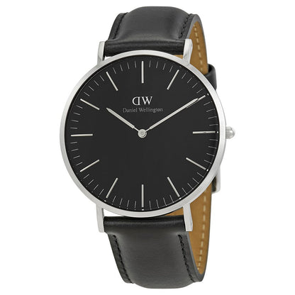 Daniel Wellington Sheffield 40mm black dial men's watch with silver case and black leather strap