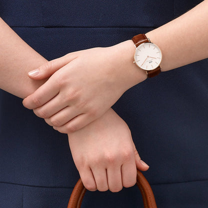 Daniel Wellington St Mawes 36mm White Dial Brown Genuine Leather Gold  Watch - DW00100187