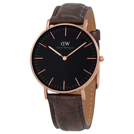 Daniel Wellington York 36mm Black Dial Genuine Leather Rose Gold Watch - DW00100140