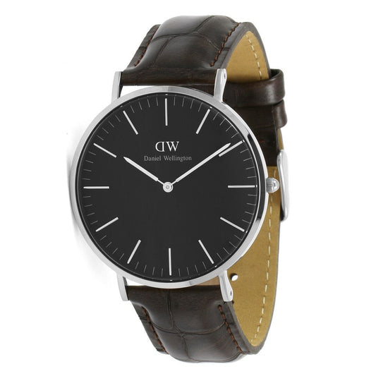 Daniel Wellington York 40mm men's watch with black dial and dark leather strap