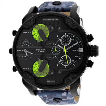 Diesel Big Daddy DZ7311 mens watch with black case and lime green dual time zone subdials