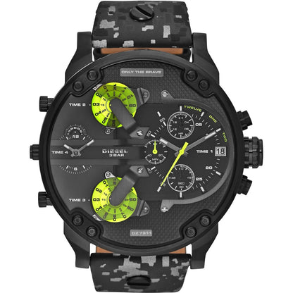 Diesel Big Daddy DZ7311 watch face with multiple time zone dials and bright lime subdials