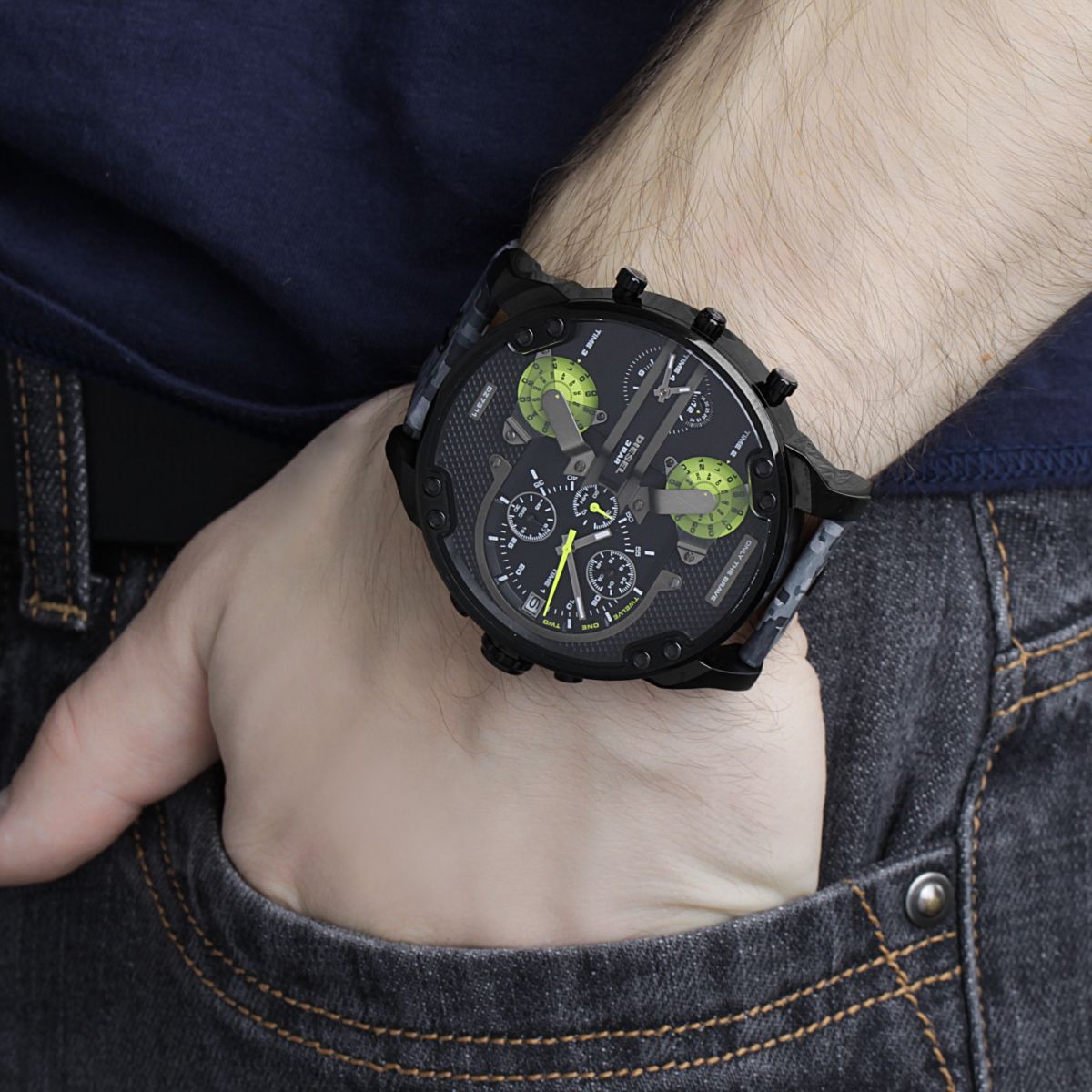 Diesel Big Daddy DZ7311 on-wrist view with digital camo leather band and black chronograph case