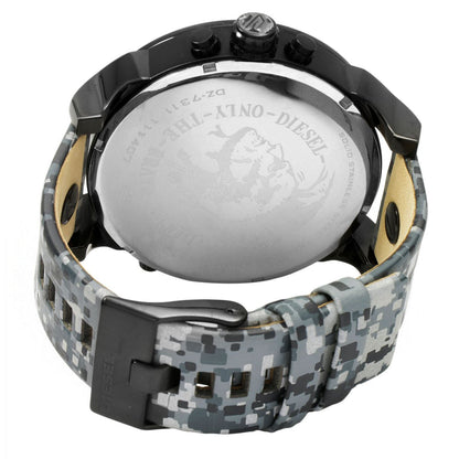 Diesel Big Daddy DZ7311 case back with engraved branding and digital camo leather strap