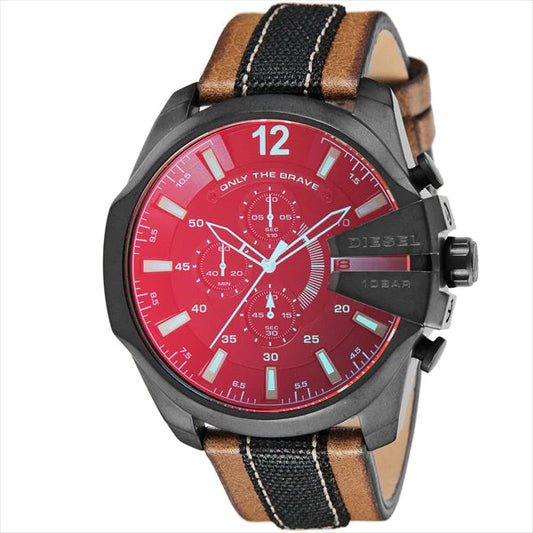 Diesel Mega Chief Chronograph Iridescent Red Dial Brown Leather Watch DZ4305