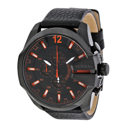 Diesel Mega Chief Chronograph Black RED Dial Leather Men's Watch DZ4291
