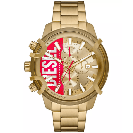Diesel Griffed DZ4595 chronograph watch with gold dial, red accent, and gold-tone bracelet