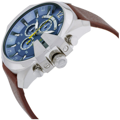 Three-quarter angled view of Diesel Mega Chief chronograph with brown leather strap