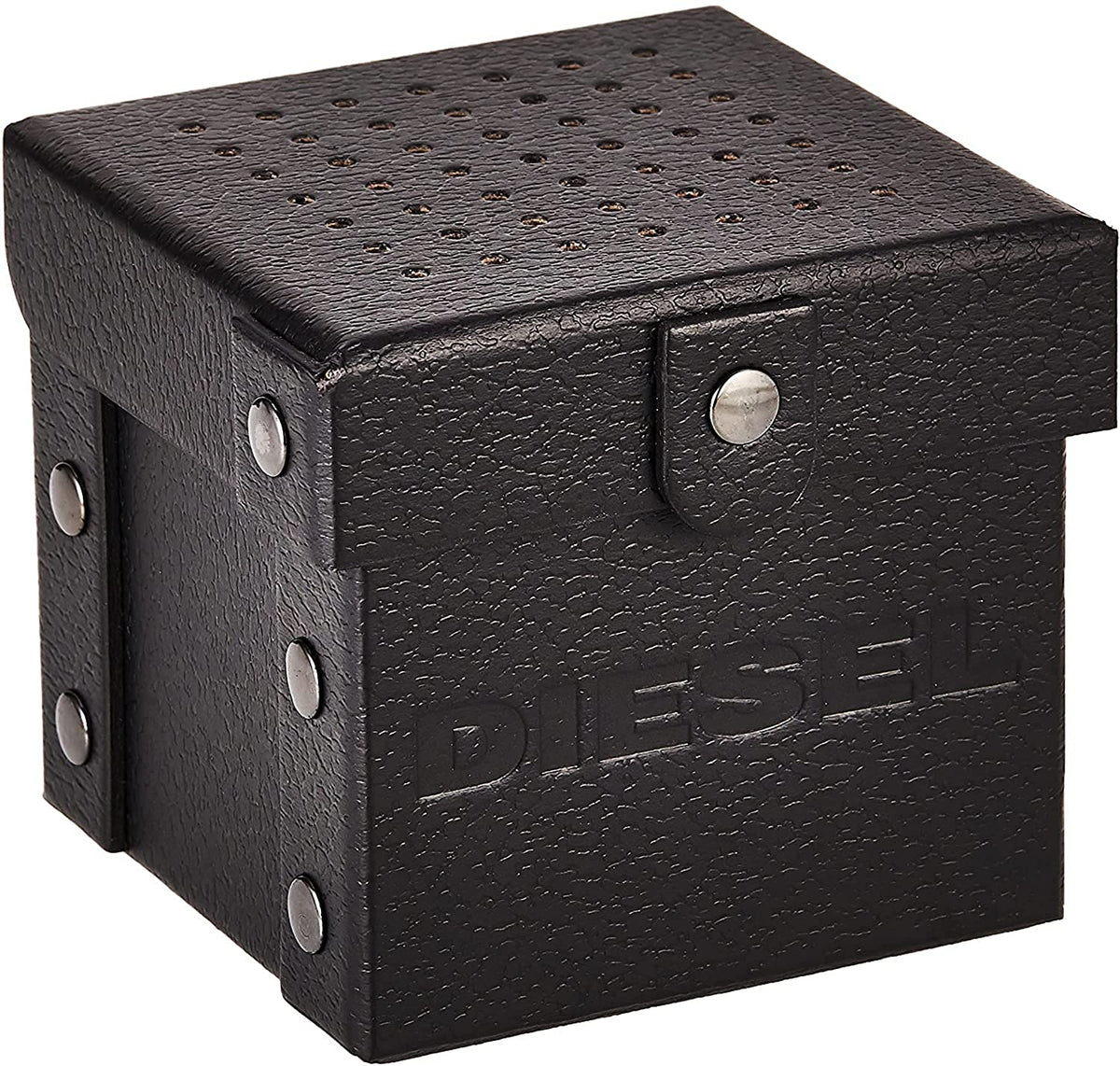 Black Diesel watch box with embossed logo and button closure