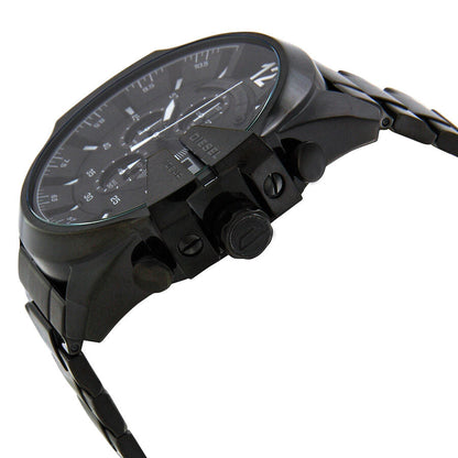 Diesel Mega Chief Chronograph side profile showing all black stainless steel case and bracelet