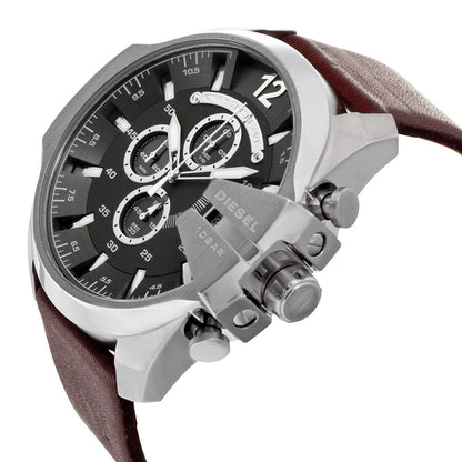 Diesel Mega Chief chronograph with silver case, chronograph subdials, and burgundy leather strap