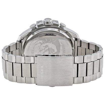 Caseback view of Diesel Mega Chief watch with stainless steel bracelet