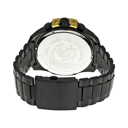 Diesel Mega Chief Chronograph caseback showing engraved logo on black stainless steel bracelet
