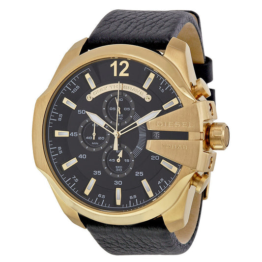 Diesel Mega Chief gold case black dial chronograph watch with leather strap