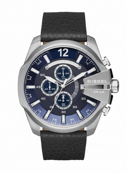 Front view of Diesel Mega Chief chronograph with blue dial and multiple subdials on black leather band