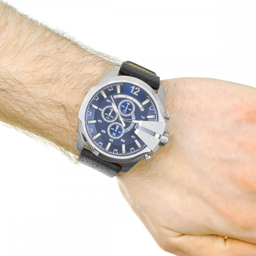 Diesel Mega Chief Blue Dial Black Leather Chronograph Watch DZ4423